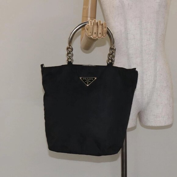 PRADA Hand Bag Nylon Metal Black Gold Auth 130971 - Picture 3 of 16